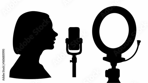 Silhouette of a woman with microphone and ring light for podcasting or streaming setup is shown here | editable eps vectors