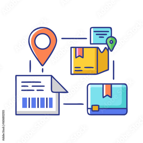Shipping and order tracking icons with delivery box, location pin, and barcode scanner, flat design
