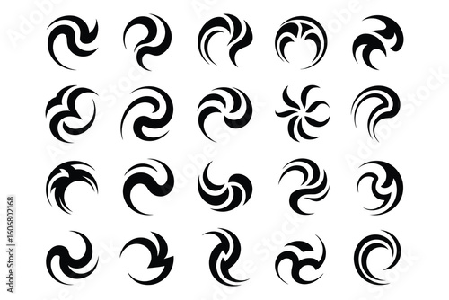 
Collection of abstract swirling brush stroke wavy circular shapes, elements, and decorative design motifs on a white background