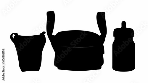 Silhouette illustration showing a baby bottle a baby carrier and a baby bag all in a row on a white background | editable eps vectors