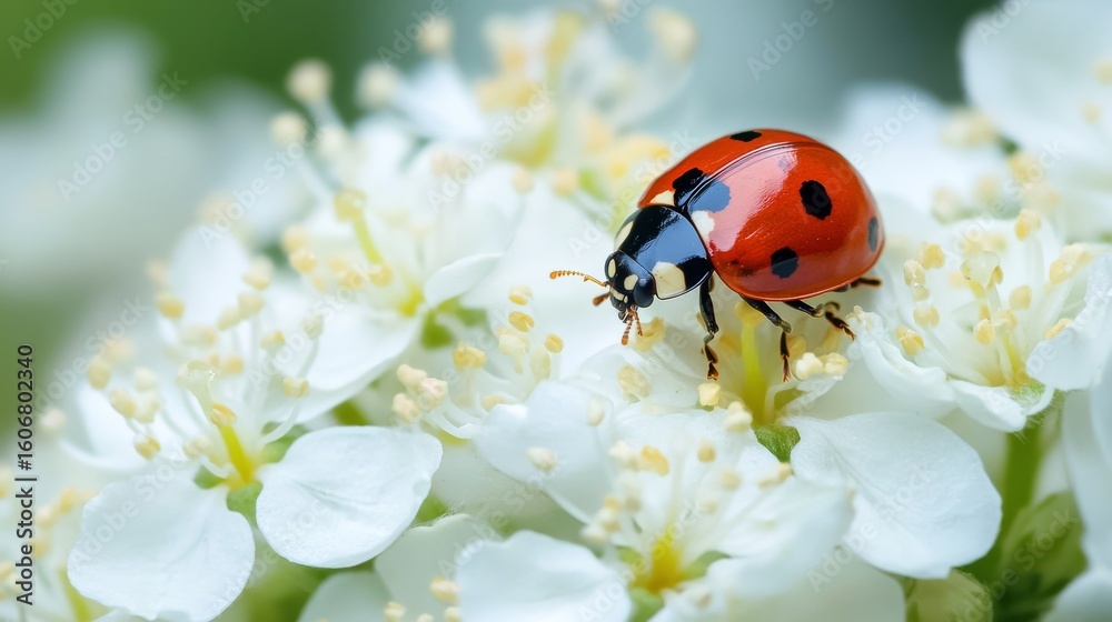Fototapeta premium Close-up of a vibrant red ladybug resting on delicate white flowers in natural daylight with soft blurred background and shallow depth of field