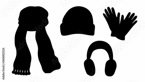 Silhouette of winter accessories including a scarf, hat, gloves, and earmuffs displayed on white | editable eps vectors