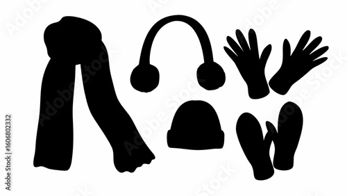Silhouette of winter accessories including a scarf earmuffs hat gloves and mittens on a white background | editable eps vectors