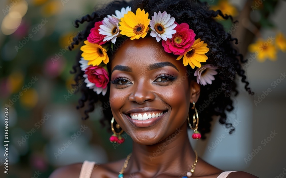 Naklejka premium Intersectional feminism concept. Radiant woman with floral headpiece and joyful expression in a vibrant setting.