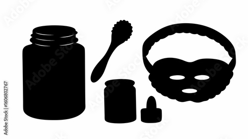 Silhouette depiction of skincare items including jars, honey dipper, and a sheet mask for facial care | editable eps vectors