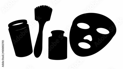Silhouette of skincare products including a jar brush container and face mask in a simple black design | editable eps vectors