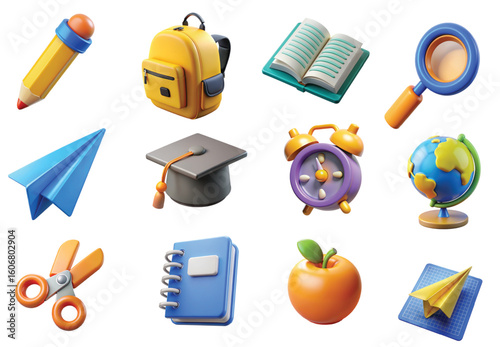 3d set back to school icons, PNG, school symbol for education, knowledge concept.