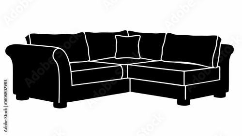 Silhouette of a sectional sofa with cushions and a pillow outlined in white against a white backdrop | editable eps vectors