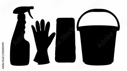 Silhouette of cleaning supplies including spray bottle glove sponge and bucket arranged together nicely | editable eps vectors