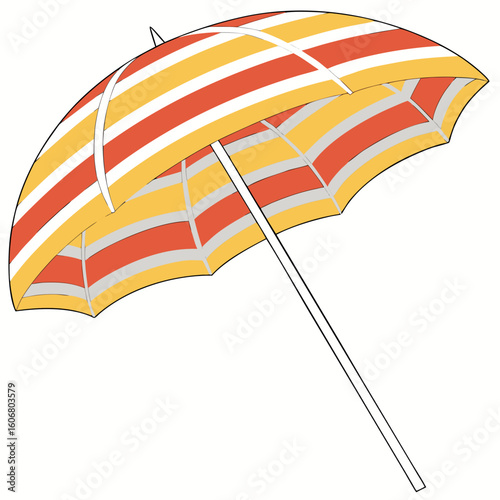 A vibrant striped beach umbrella, featuring alternating bands of orange, yellow, and white, is open and angled, casting a shadow and providing shade on a bright summer day