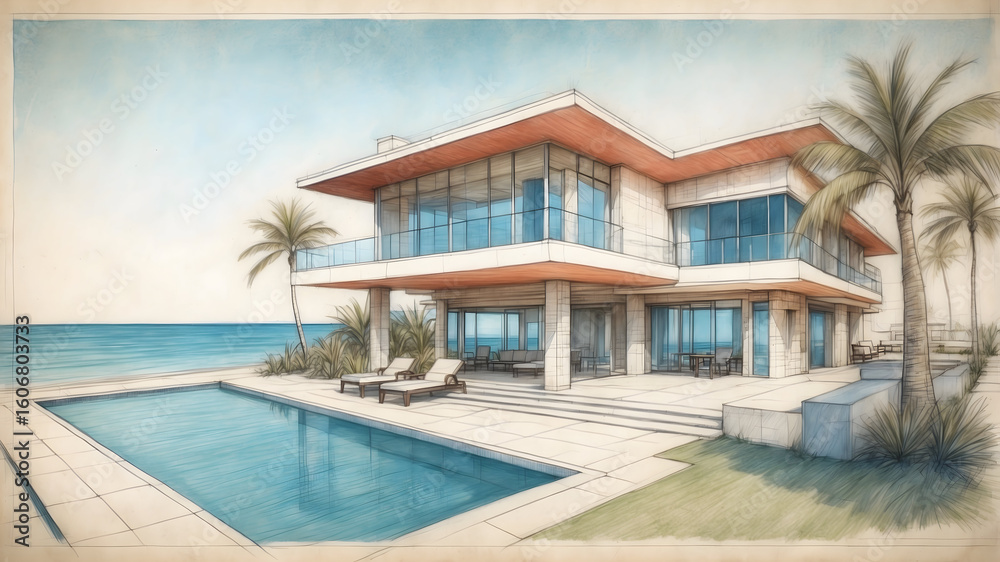 Fototapeta premium Luxury beachfront villa, modern house with pool, tropical resort, oceanfront property