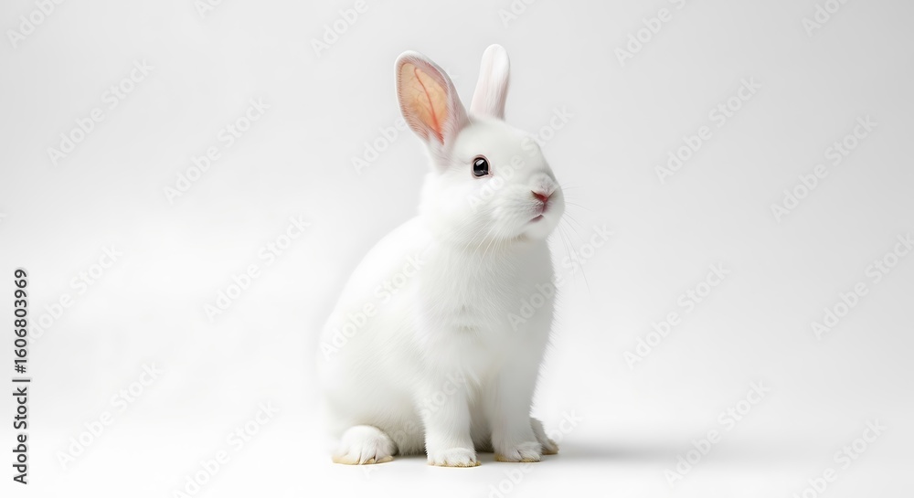 Obraz premium Adorable White Rabbit Sitting Upright on a White Background in Studio
