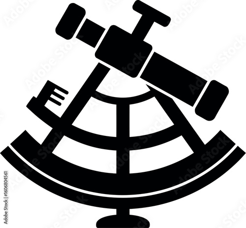 A black and white illustration of a sextant navigational tool on a white background space view