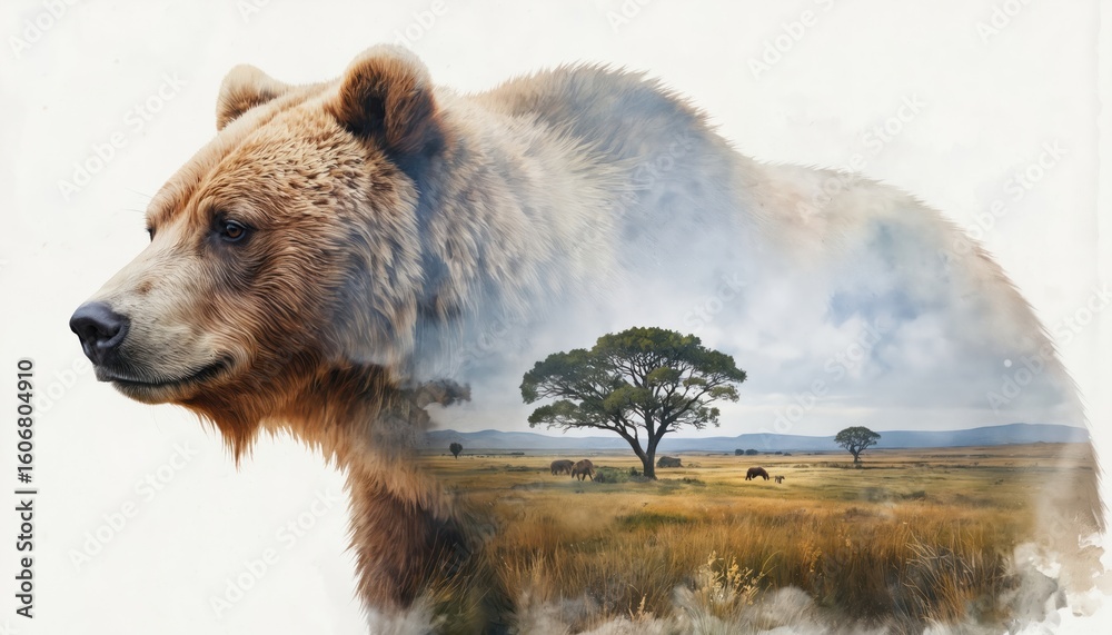 Obraz premium Watercolor illustration features brown bear portrait double exposed with African savanna landscape. Plains with acacia tree, grazing animals like elephants, antelopes under cloudy sky. Naturalistic