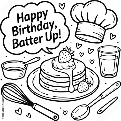 Happy birthday pancakes breakfast batter up chef illustration coloring page vector design