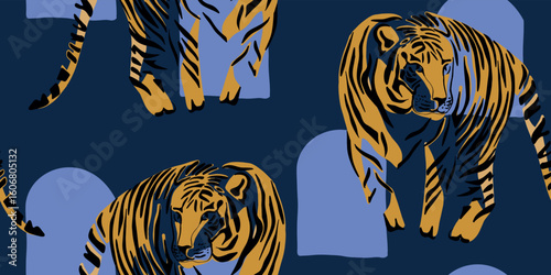 Tigers Roaming in a Decorative Environment Pattern