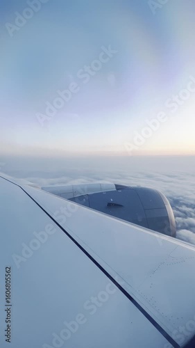 Airplane window view of Pastel pink horizon on morning sunrise blue sky n orange yellow cloud or fluffy cloudscape, aircraft wing above cloudy weather, 4k Vertical footage from cabin passenger seat