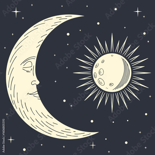 A whimsical illustration depicts a crescent moon with a serene face gazing towards a radiant sun, both set against a dark night sky filled with twinkling stars