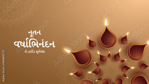 Nutan Varshabhinandan', meaning 'Happy New Year' in Gujarati language, India. Indian festival of lights, even called Diwali. Nutan varshabhinandan and Saal Mubarak Post Template in Gujarati.