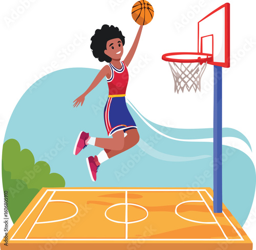 a players jumping for a dunk on a colorful cour