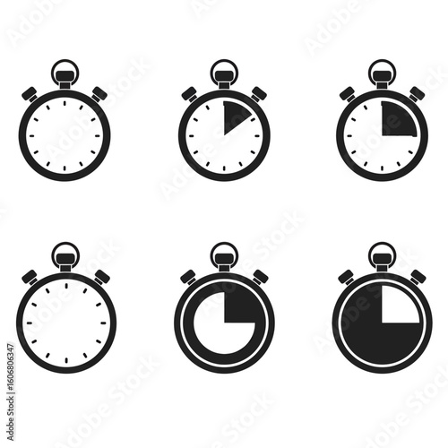 Modern stopwatch icons set showing time increments for project management and business deadlines