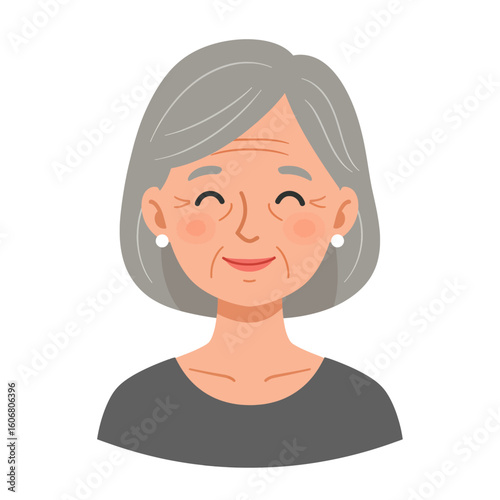 Cheerful mature woman smiling with closed eyes, radiating positivity and timeless beauty with elegance