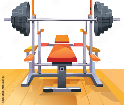 Illustration of a bench press setup with barbell, adjustable bench, and safety rack, gym interior setting