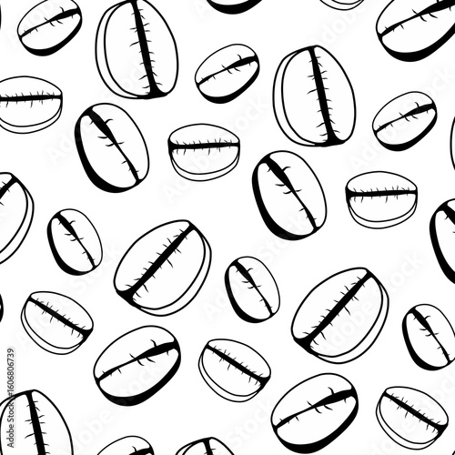 A seamless vector pattern featuring hand-drawn coffee beans in doodle style. Coffee beans are scattered randomly on a white background, perfect cafe branding, fabric prints, coffee packaging