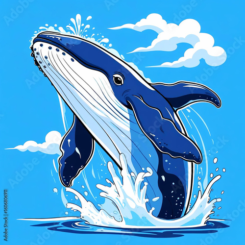 Whale's Aquatic Leap: A majestic blue whale breaching the water's surface, creating a stunning splash against a vibrant blue sky backdrop, symbolizing freedom and power