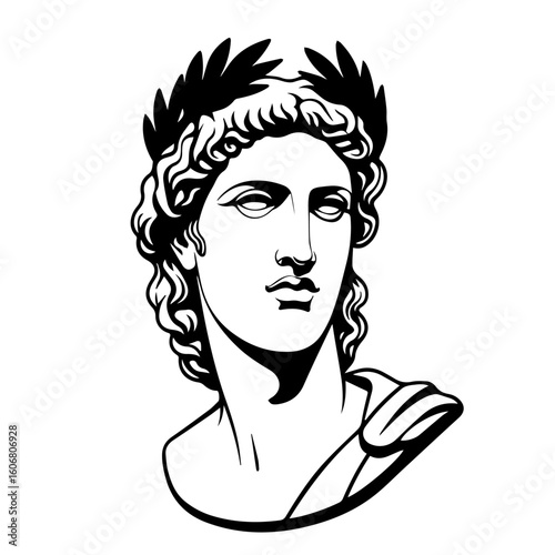 Greek God Apollo Vector Illustration. Roman God Apollo vector illustration. roman deity. greek deity. Olympian deities. Simple black and white vector illustration of a marble bust of greco-roman god 
