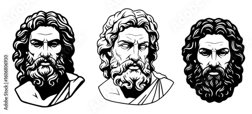 Greek God Zeus Vector Illustration. Roman God Jupiter vector illustration. roman deity. greek deity. Olympian deities. Simple black and white vector illustration of a marble bust of greco-roman god 