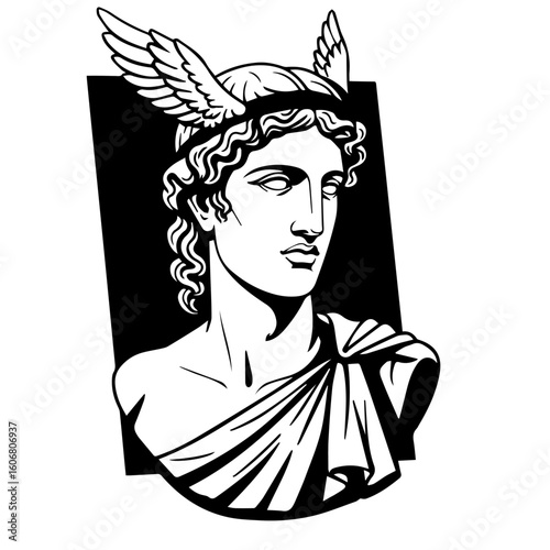 Greek God Hermes Vector Illustration. Roman God Mercury vector illustration. roman deity. greek deity. Olympian deities. Simple black and white vector illustration of a marble bust of greco-roman god 
