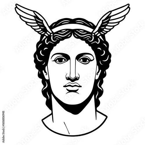 Greek God Hermes Vector Illustration. Roman God Mercury vector illustration. roman deity. greek deity. Olympian deities. Simple black and white vector illustration of a marble bust of greco-roman god 