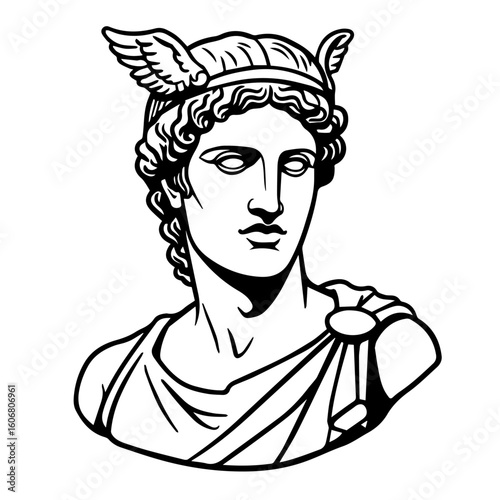 Greek God Hermes Vector Illustration. Roman God Mercury vector illustration. roman deity. greek deity. Olympian deities. Simple black and white vector illustration of a marble bust of greco-roman god 