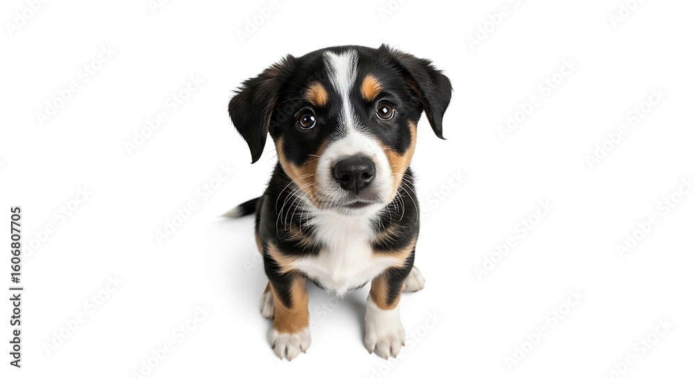 Adorable Appenzeller Sennenhund Puppy Sitting and Looking Up on a White Background Adorable Appenzeller Sennenhund Puppy Sitting and Looking Up on a White Background