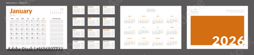 2026 Calendar Planner Set of Template Monthly Page with Note and cover with Place for Photo, Company Logo. Vector grid layout of wall or desk organizer with week start Monday for print. Pages size A4