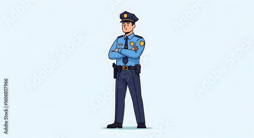 Confident Police Officer in Uniform: Flat Vector Illustration of a Standing Policeman with Arms Crossed