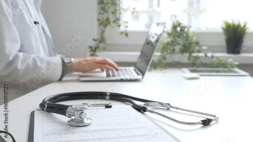 Stethoscope and medical records are on the desk opposite the doctor is typing on a laptop with a in a medical office, suggesting online healthcare or telemedicine services. Medicine concept
