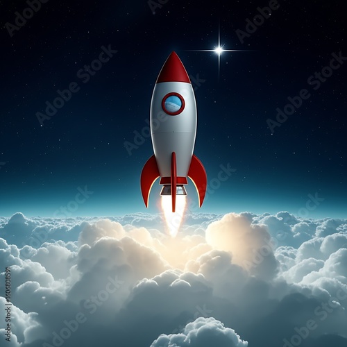 Bitcoin rocket ascends through breaking clouds, revealing a clear, starry night sky illuminated by a new, brighter star, symbolizing innovation and future growth.