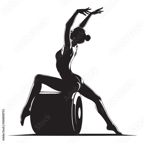 Gymnastics female competing on balance beam silhouette vector graphics