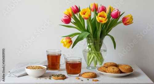 Yellow and pink tulips with tea and cookies flowers