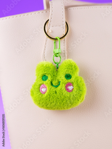 Close-up of a plush bag charm featuring a funny green frog on white bag