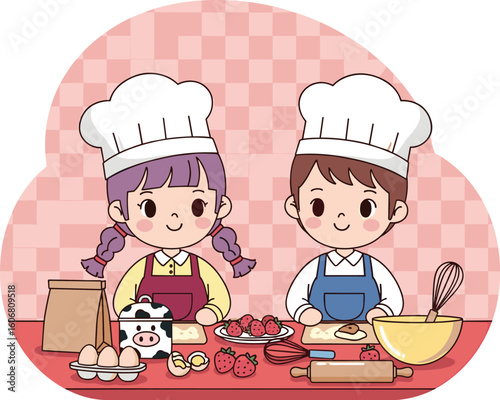 Two cartoon children baking together with ingredients and tools on table, wearing chef hats and aprons in kitchen setting