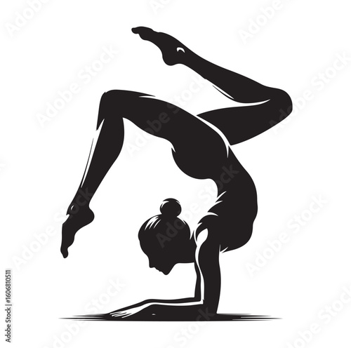 Gymnastics female competing on balance beam silhouette vector graphics