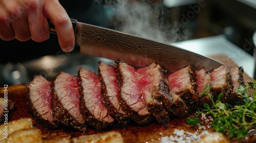 Carving station setup featuring expertly sliced wagyu beef with beautiful marbling, Damascus patterned knife, professional chef technique, herb garnish and sea salt presentation