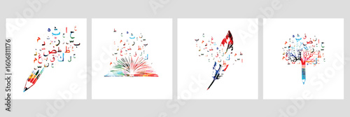 Arabic Islamic calligraphy symbols with book vector illustration. Colorful Arabic alphabet text design. Typography background, education concept, creative writing and storytelling	