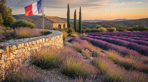 Flag France on panoramic view of lavender cultivation in Provence region with cypress trees and golden countryside glow at sunset hour
