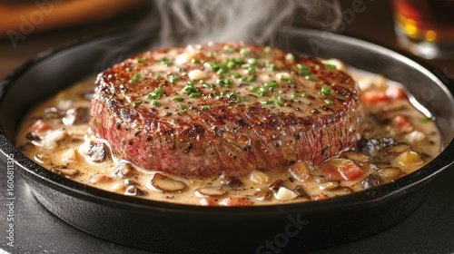 Classic steak Diane sauce bubbling around medium-rare beef tenderloin with visible mushrooms and chives in iron pan