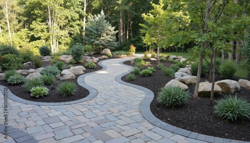 Fototapeta Naklejka Na Ścianę i Meble -  Winding paver walkway through landscaped backyard. Natural stone, plants define garden path, enhancing property curb appeal. Backyard design features decorative rocks, shrubs, bushes, lawn, trees.
