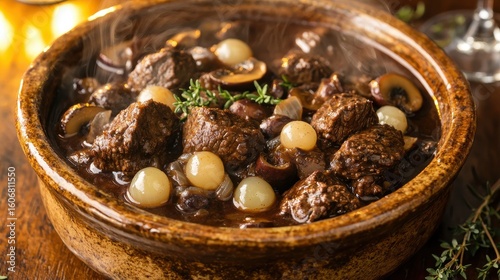 Beef bourguignon in rustic ceramic cocotte with tender beef chunks, pearl onions, mushrooms in rich burgundy sauce, premium restaurant presentation on wooden table